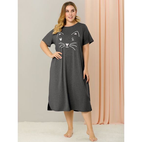 Women's Plus Size Nightgown Pajamas Pockets Cute Cat Sleepwear Dark Gray - Picture 3 of 6